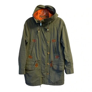 Michael Kors Green Brown Orange Lightweight Hooded Coat Gold Buttons  M